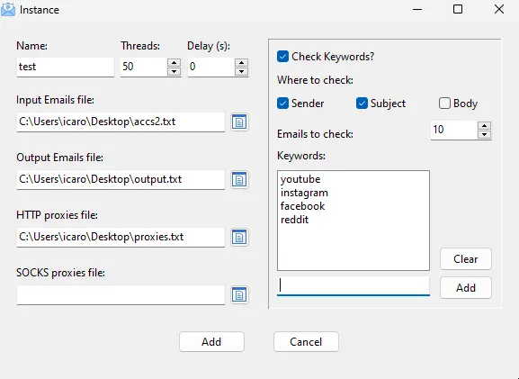AIO IMAP Email Checker - Add instance interface - SMediaBots